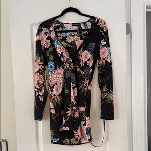 PrettyLittleThing Black Floral Wrap Dress